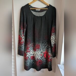 Adore Black And Red With Zebra Print Floral Long Sleeve Midi Dress Size Large